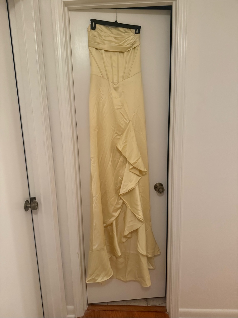 Strapless Satin Ruffled Gown in Pale Yellow